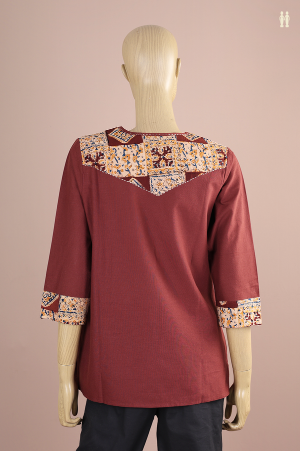 Split Neck Plain Chocolate Brown Cotton Short Top