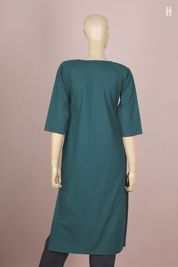 Split Neck Plain Dark Green Cotton Long Kurta