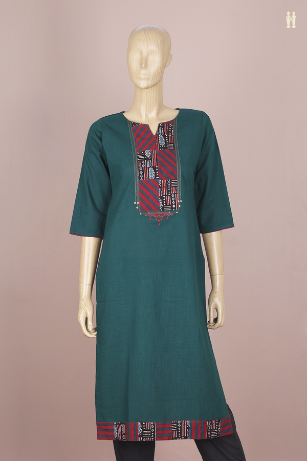 Split Neck Plain Dark Green Cotton Long Kurta