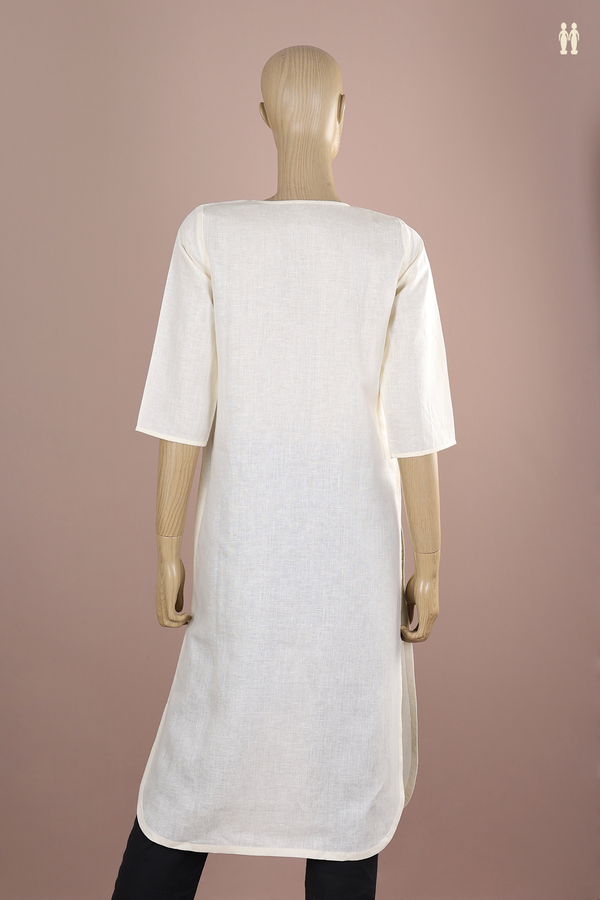 Split Neck Plain Egg White Linen Long Kurta