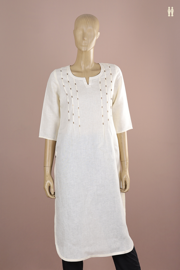 Split Neck Plain Egg White Linen Long Kurta
