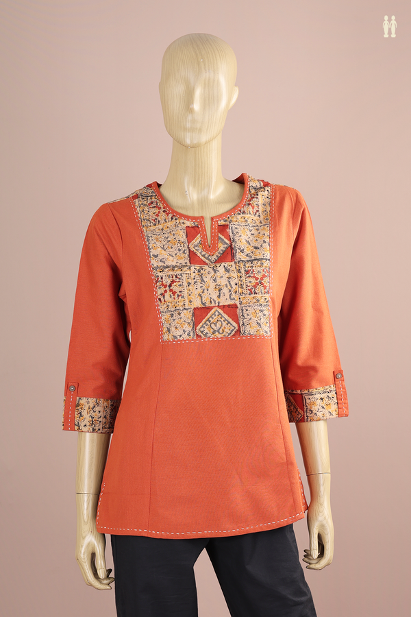 Split Neck Plain Ginger Orange Cotton Short Top