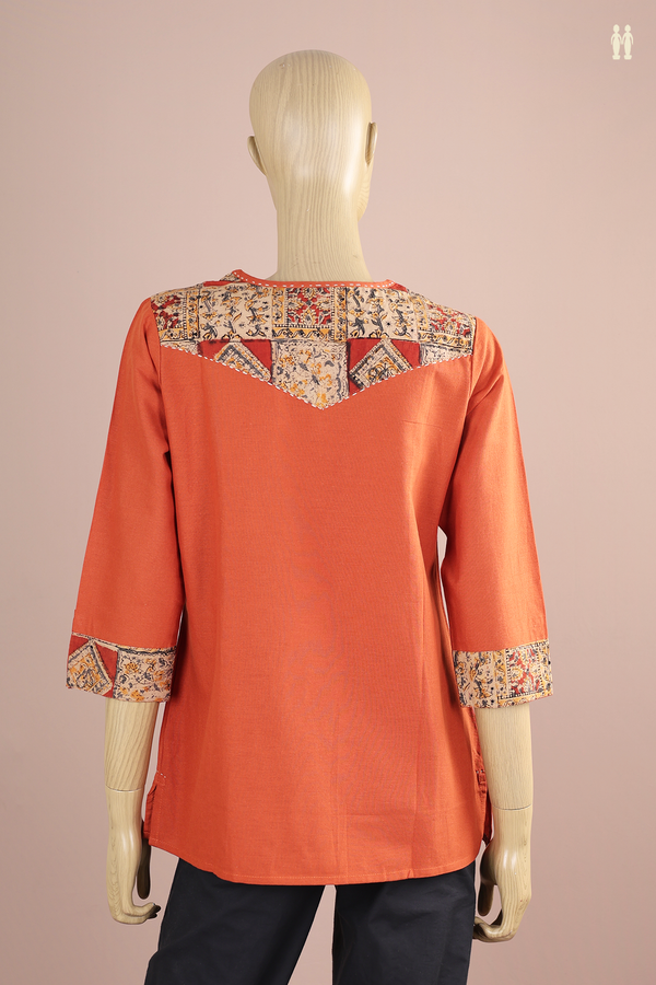 Split Neck Plain Ginger Orange Cotton Short Top