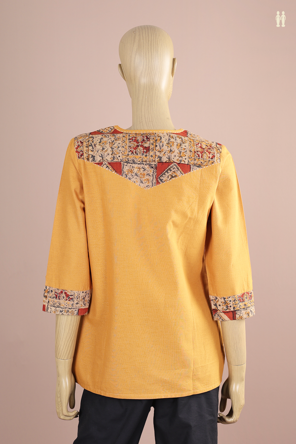 Split Neck Plain Mustard Yellow Cotton Short Top