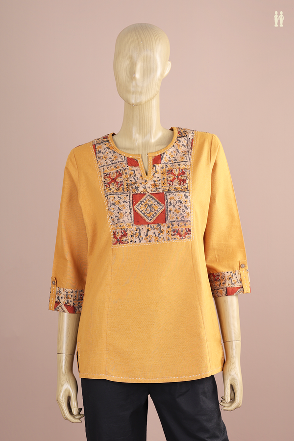 Split Neck Plain Mustard Yellow Cotton Short Top