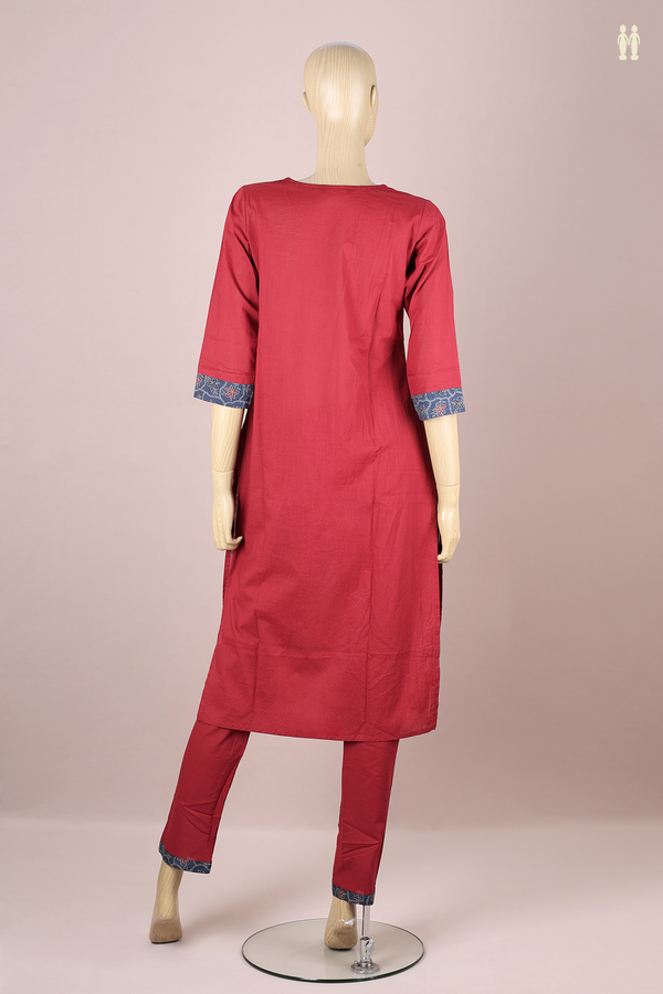Split Neck Plain Red Cotton Salwar Set
