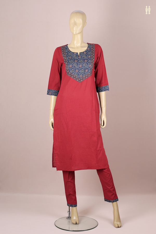 Split Neck Plain Red Cotton Salwar Set