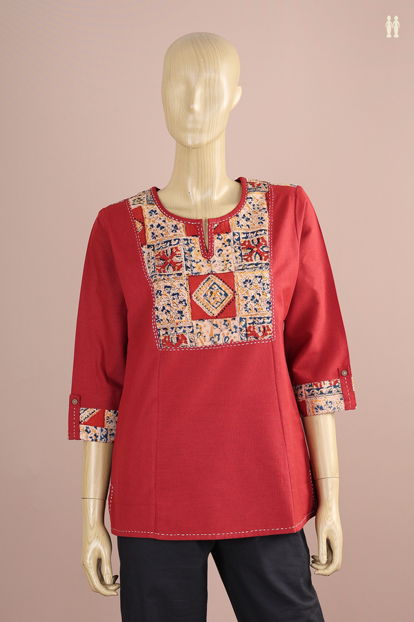 Split Neck Plain Ruby Red Cotton Short Top