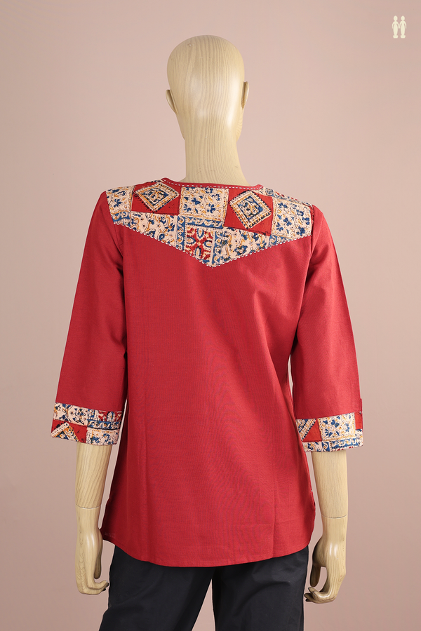 Split Neck Plain Ruby Red Cotton Short Top