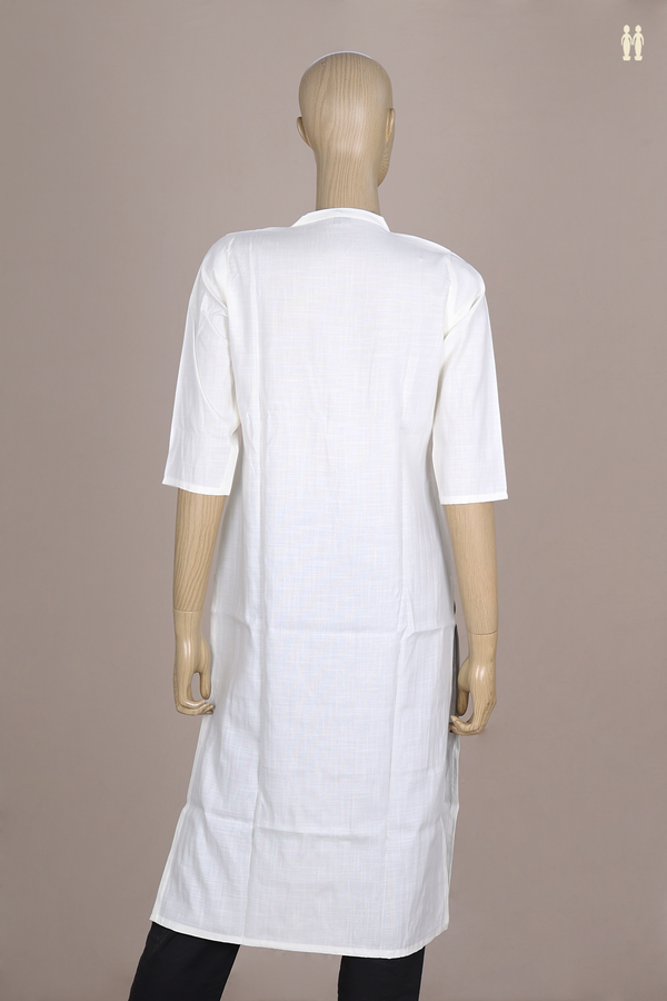 Split Neck Plain White Cotton Long Kurta