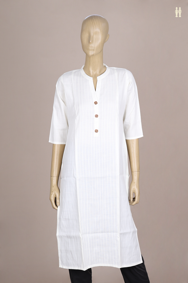 Split Neck Plain White Cotton Long Kurta