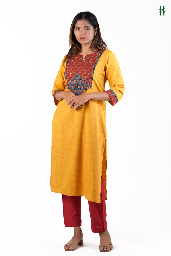 Split Neck Plain Yellow Cotton Long Kurta