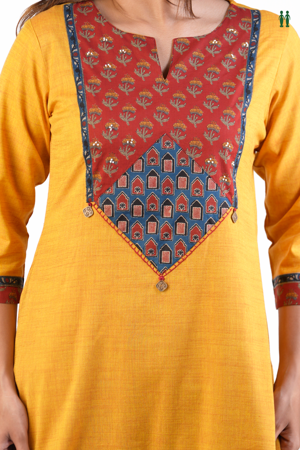 Split Neck Plain Yellow Cotton Long Kurta