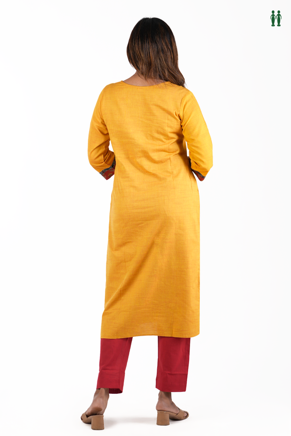 Split Neck Plain Yellow Cotton Long Kurta