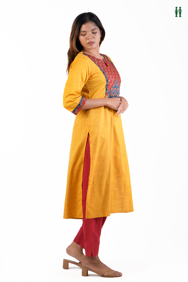 Split Neck Plain Yellow Cotton Long Kurta