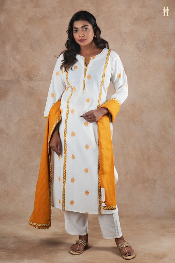 Split Neck Threadwork Buttas White Cotton Salwar Set