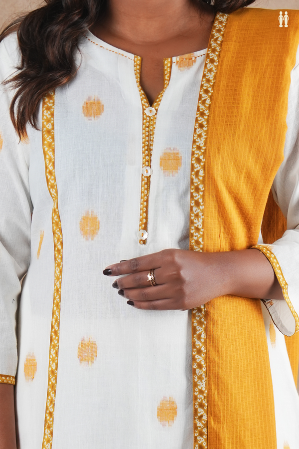 Split Neck Threadwork Buttas White Cotton Salwar Set