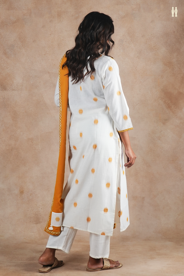 Split Neck Threadwork Buttas White Cotton Salwar Set