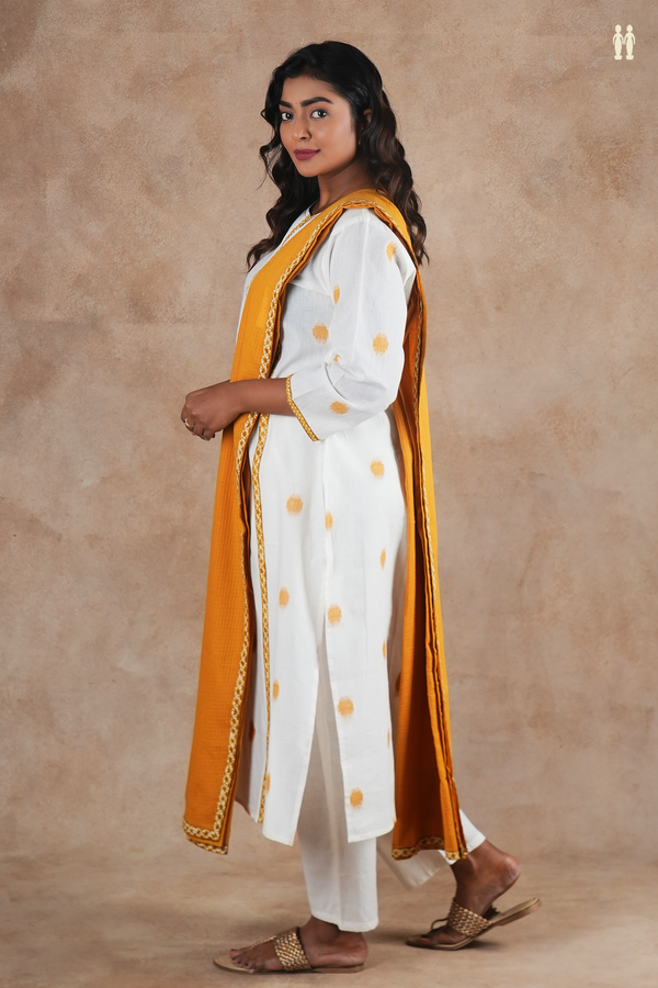 Split Neck Threadwork Buttas White Cotton Salwar Set