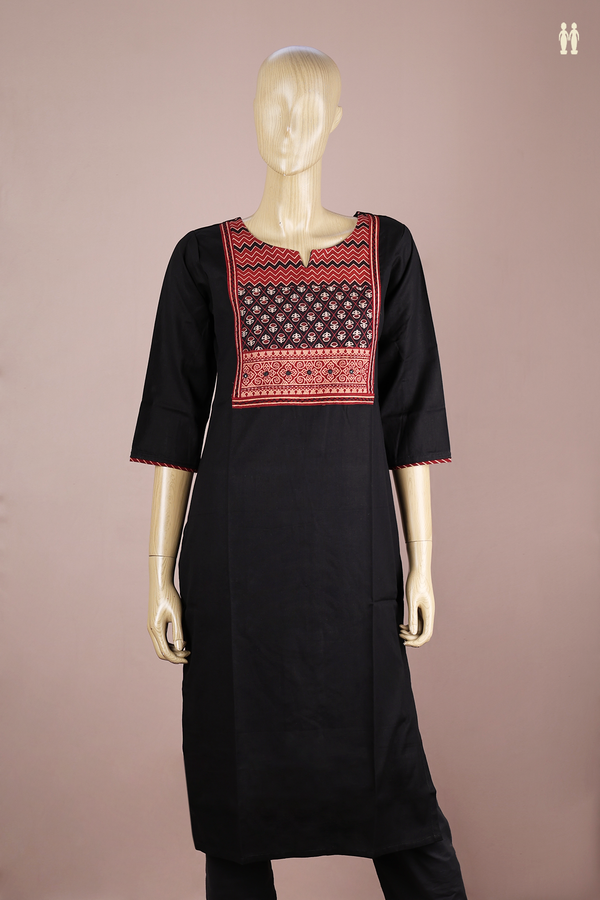 Split Neck Printed Design Black Cotton Long Kurta