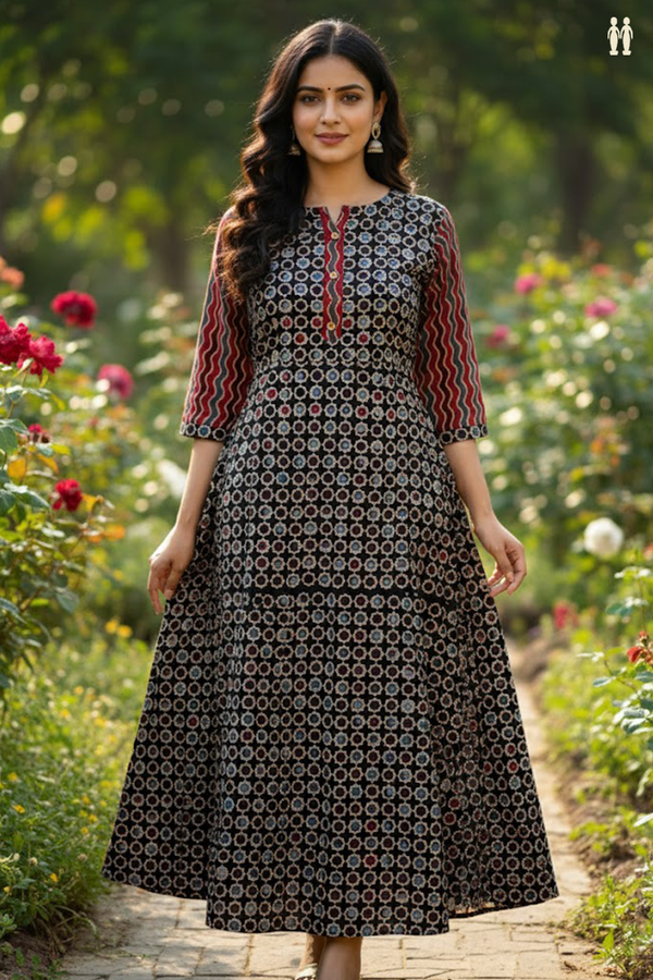 Split Neck Printed Design Black Cotton Long Kurta