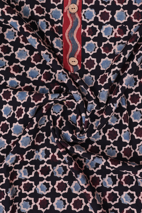 Split Neck Printed Design Black Cotton Long Kurta