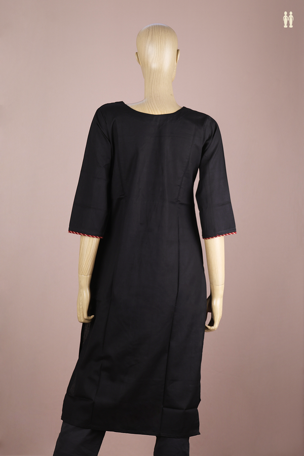 Split Neck Printed Design Black Cotton Long Kurta