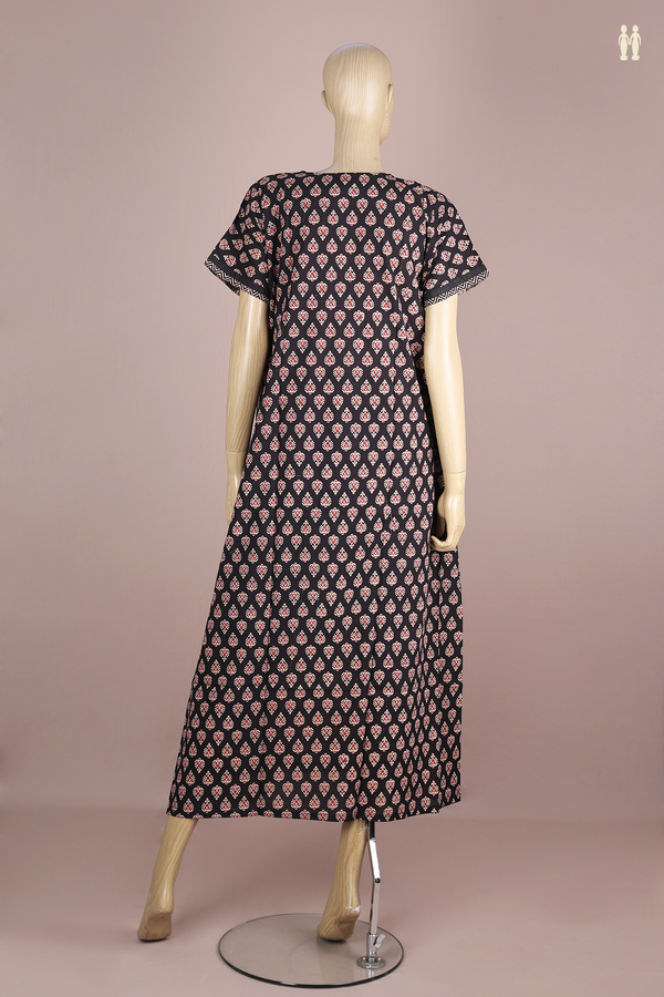 Split Neck Printed Design Black Cotton Nightie