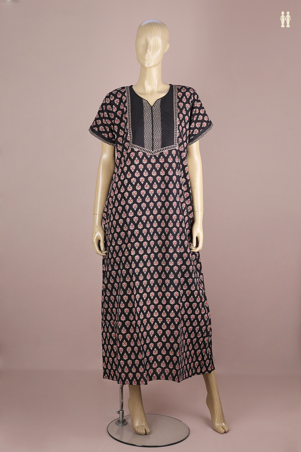 Split Neck Printed Design Black Cotton Nightie