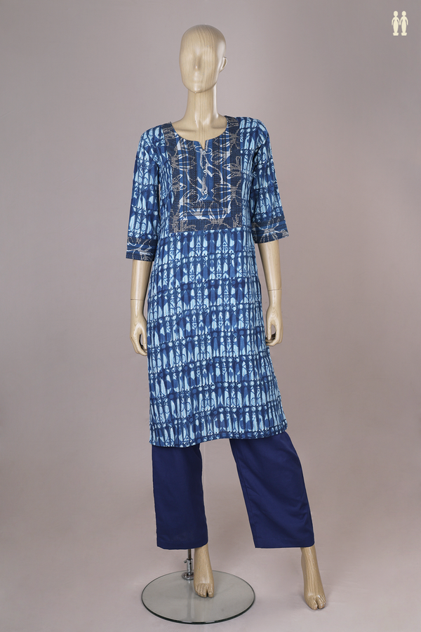 Split Neck Printed Design Blue Ajrakh Cotton Salwar Set
