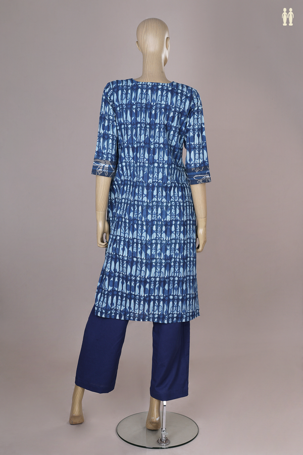 Split Neck Printed Design Blue Ajrakh Cotton Salwar Set