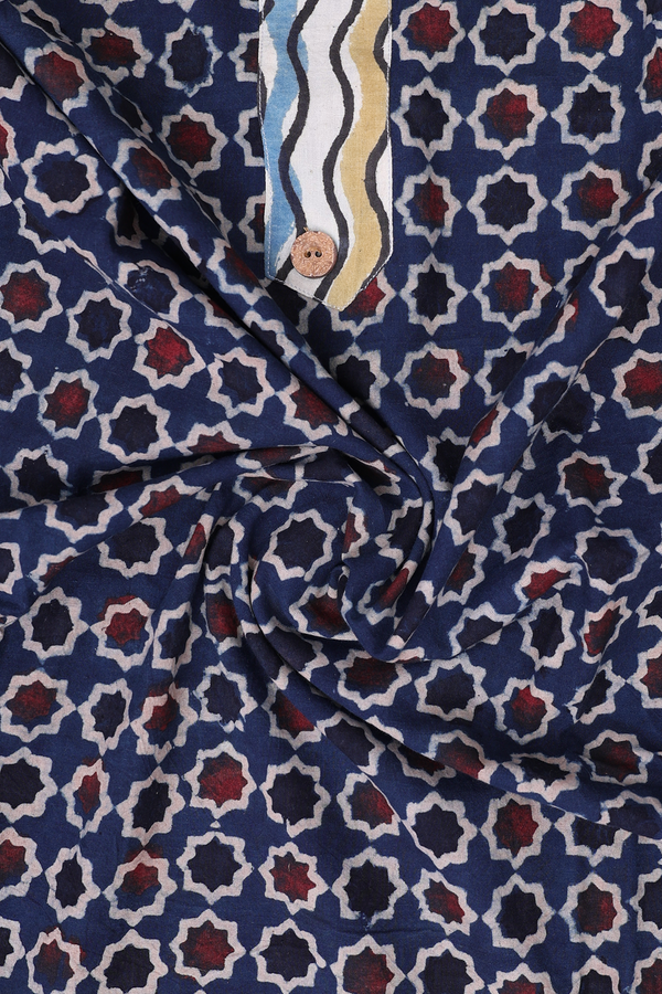 Split Neck Printed Design Blue Cotton Long Kurta