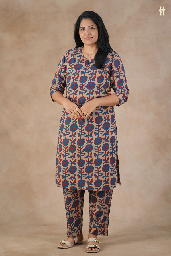 Split Neck Printed Design Brown Cotton Salwar Set