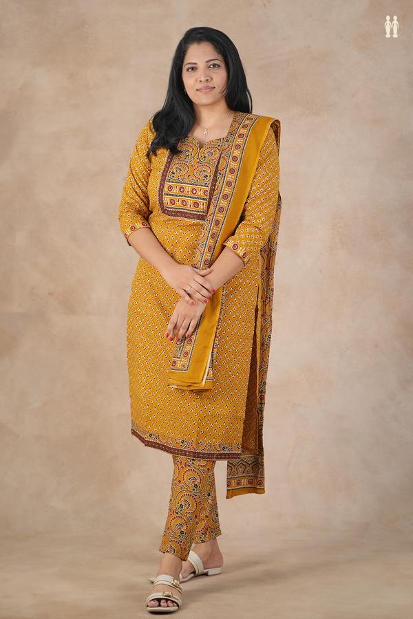Split Neck Printed Design Brown Cotton Salwar Set