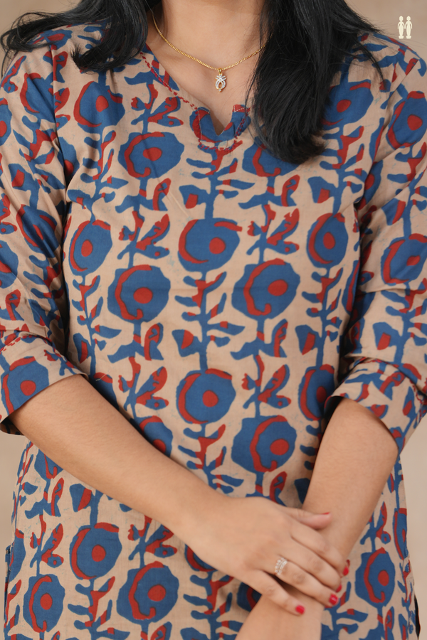 Split Neck Printed Design Brown Cotton Salwar Set