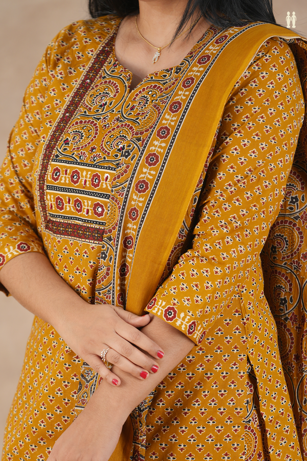 Split Neck Printed Design Brown Cotton Salwar Set