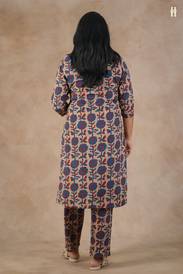 Split Neck Printed Design Brown Cotton Salwar Set