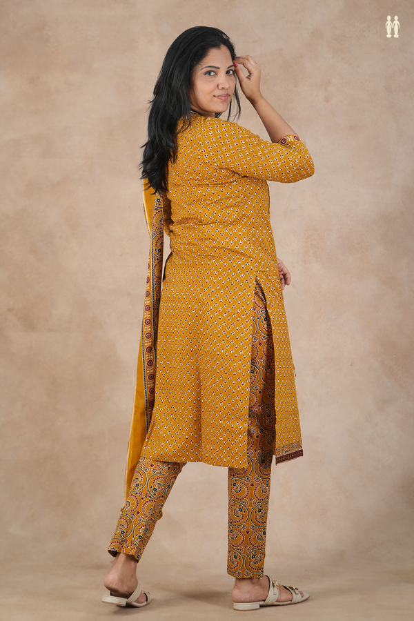 Split Neck Printed Design Brown Cotton Salwar Set