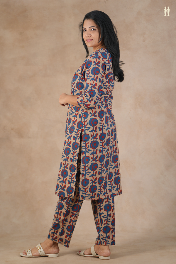 Split Neck Printed Design Brown Cotton Salwar Set