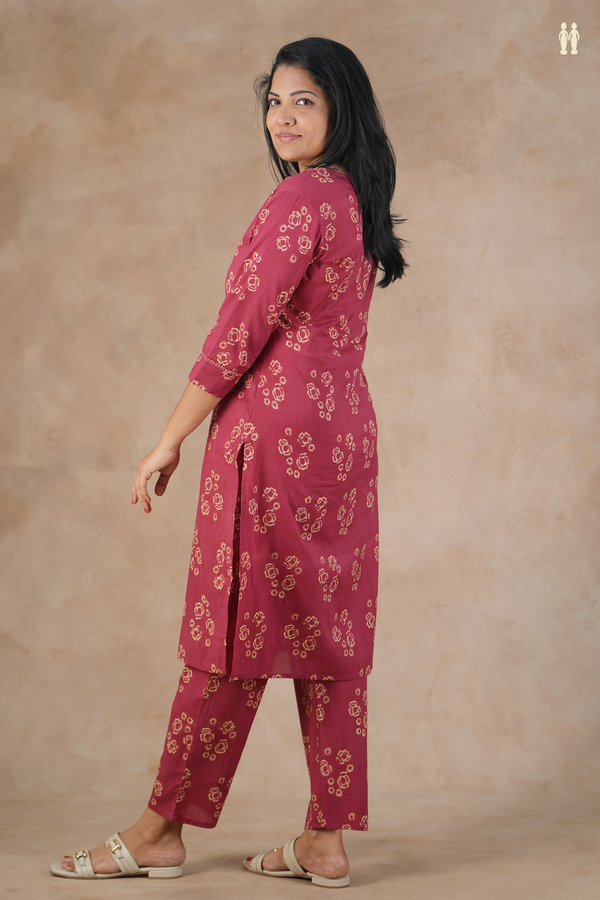 Split Neck Printed Design Hibiscus Red Cotton Salwar Set