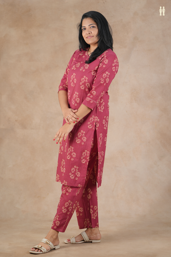Split Neck Printed Design Hibiscus Red Cotton Salwar Set