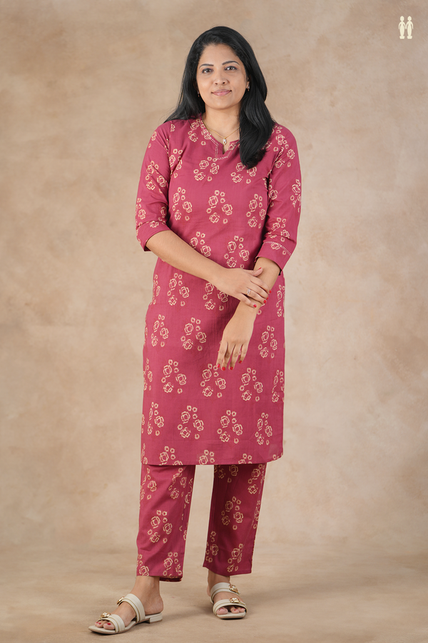 Split Neck Printed Design Hibiscus Red Cotton Salwar Set