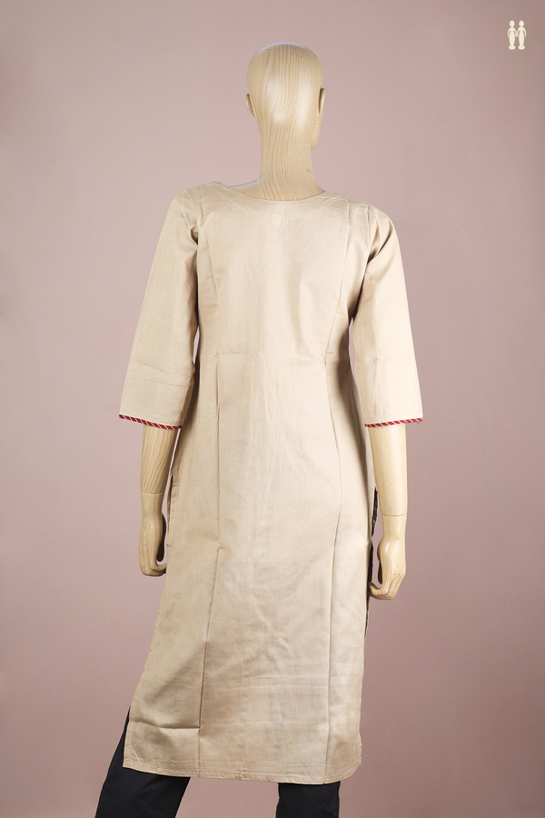 Split Neck Printed Design Khaki Cotton Long Kurta