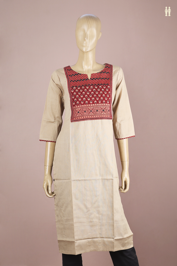 Split Neck Printed Design Khaki Cotton Long Kurta