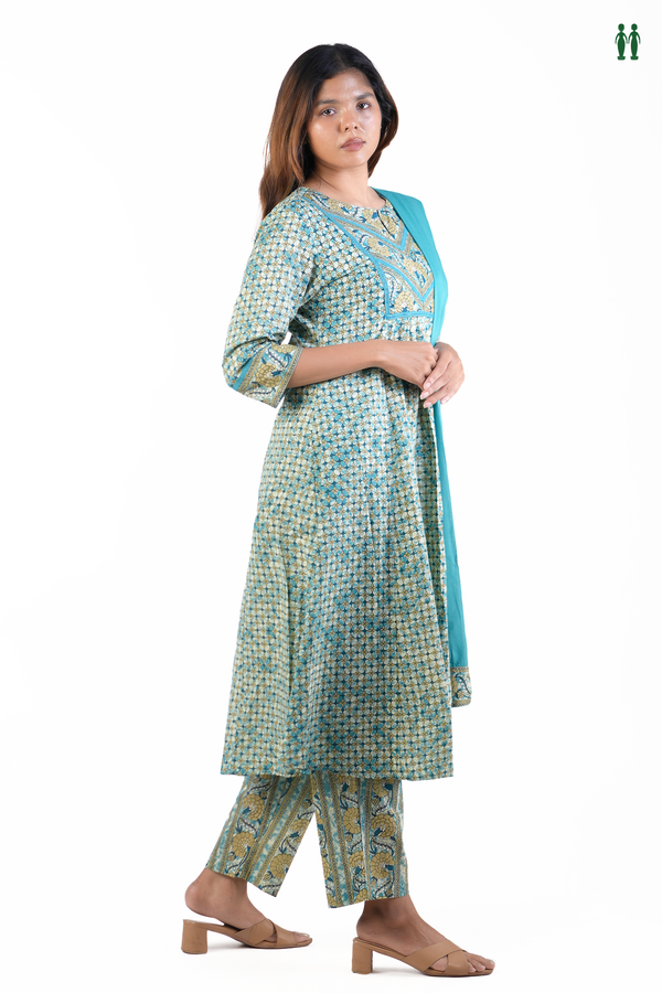 Split Neck Printed Design Multicolor Cotton Salwar Set