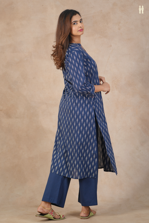 Mandarin Neck Printed Design Oxford Blue Cotton Salwar Set
