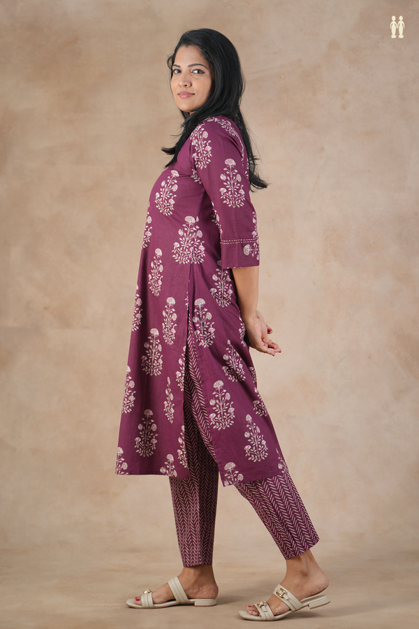 Split Neck Printed Design Purple Cotton Salwar Set