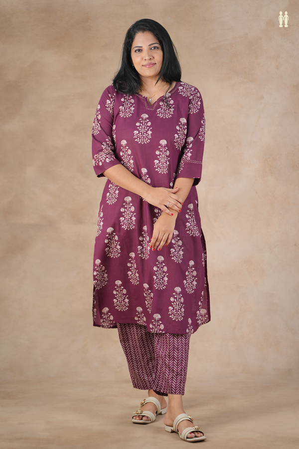 Split Neck Printed Design Purple Cotton Salwar Set