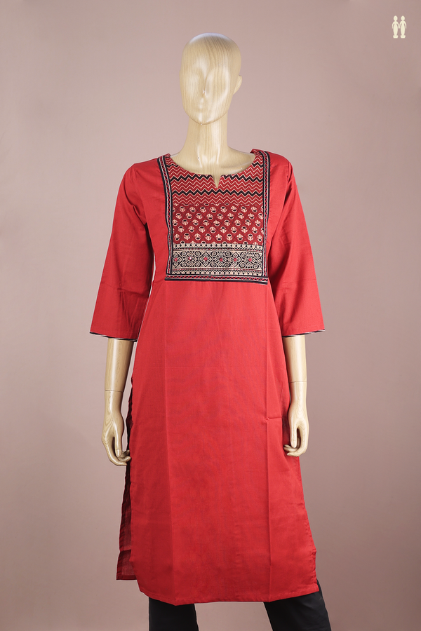 Split Neck Printed Design Red Cotton Long Kurta