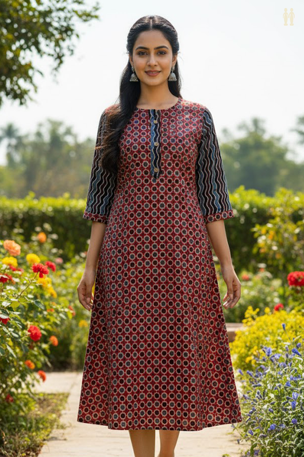 Split Neck Printed Design Red Cotton Long Kurta